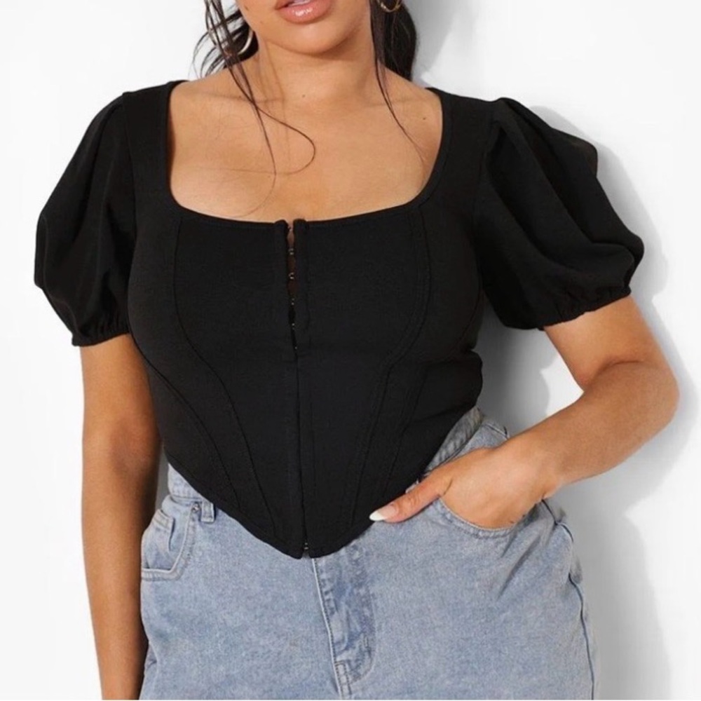 Boohoo Black Puff Sleeve Corset Top